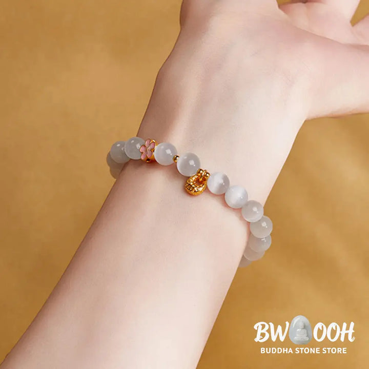 BWOOOH 925 Sterling Silver Natural Peach Blossom White Cat’s Eye Positive Bracelet - White Cat’s Eye(Wrist