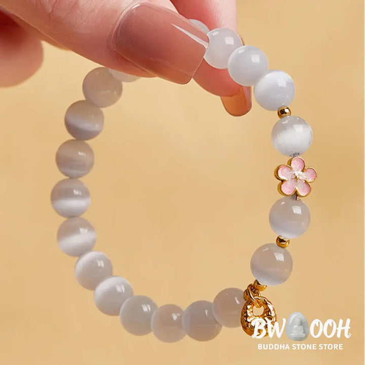 BWOOOH 925 Sterling Silver Natural Peach Blossom White Cat’s Eye Positive Bracelet - White Cat’s Eye(Wrist