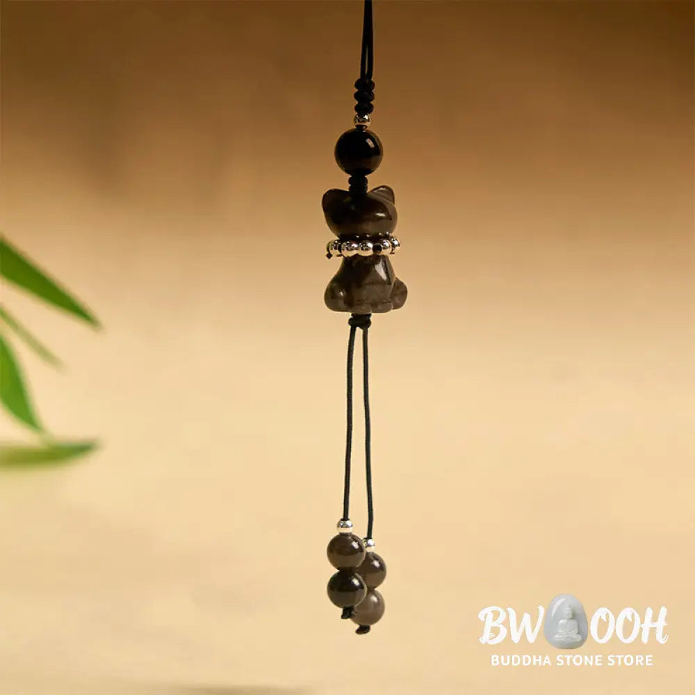 BWOOOH Natural Silver Sheen Obsidian Noble Kitten Cat Soothing Phone Hanging Decoration - Silver Sheen Obsidian - Phone