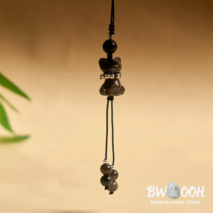 BWOOOH Natural Silver Sheen Obsidian Noble Kitten Cat Soothing Phone Hanging Decoration - Silver Sheen Obsidian - Phone
