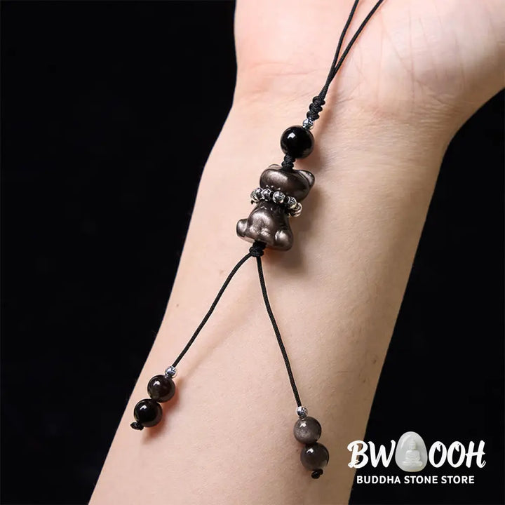 BWOOOH Natural Silver Sheen Obsidian Noble Kitten Cat Soothing Phone Hanging Decoration - Silver Sheen Obsidian - Phone
