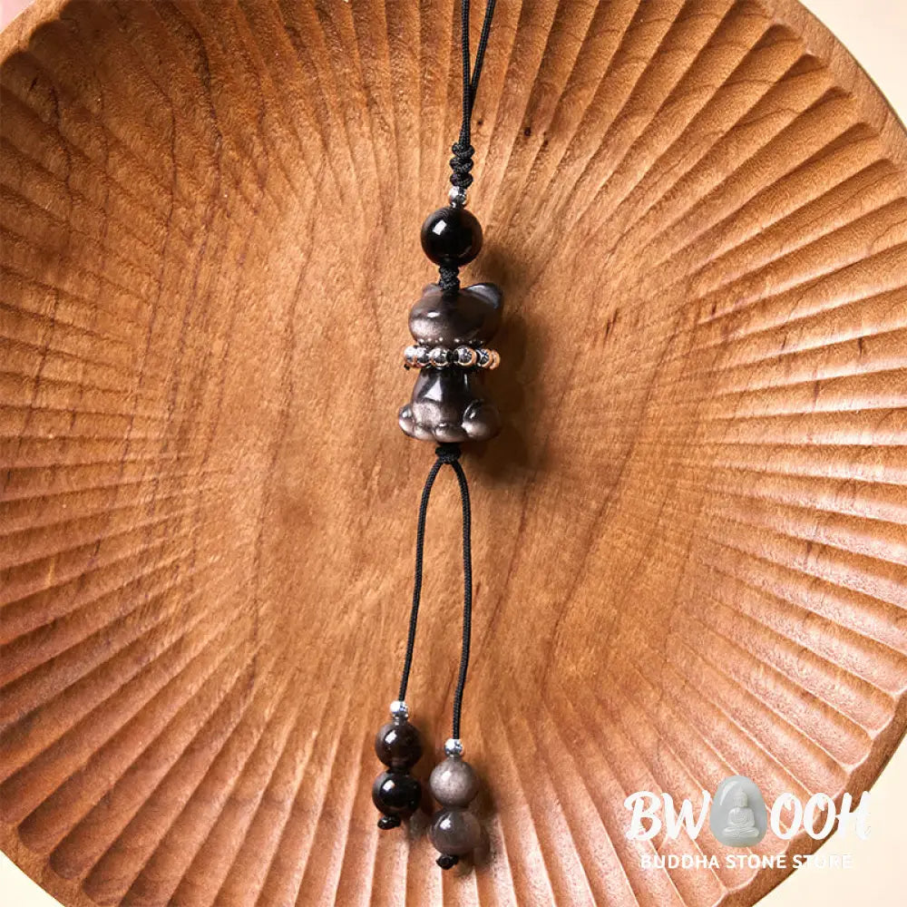 BWOOOH Natural Silver Sheen Obsidian Noble Kitten Cat Soothing Phone Hanging Decoration - Silver Sheen Obsidian - Phone