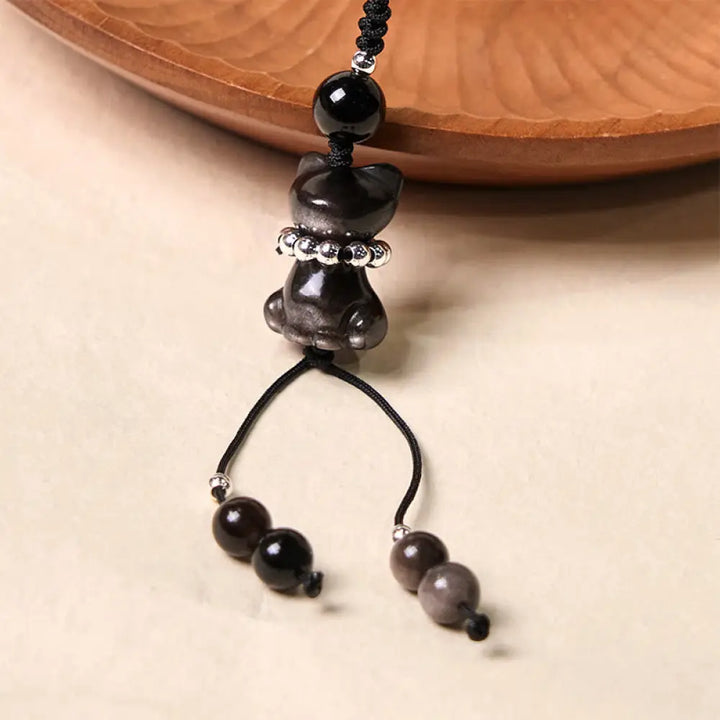 BWOOOH Natural Silver Sheen Obsidian Noble Kitten Cat Soothing Phone Hanging Decoration - Silver Sheen Obsidian - Phone
