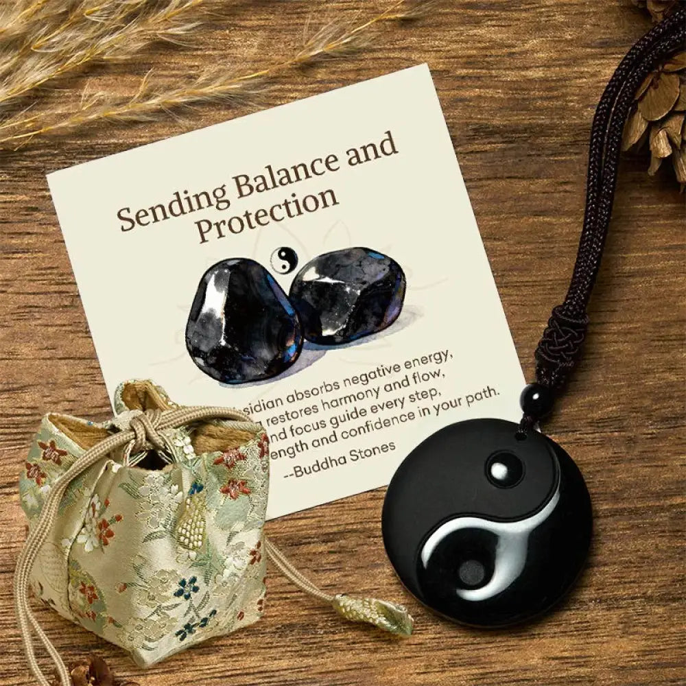 Buddha Stones ’Sending Balance and Protection’ Obsidian Yin Yang Necklace Includes Gift Message Card - BWOOOH - Yin