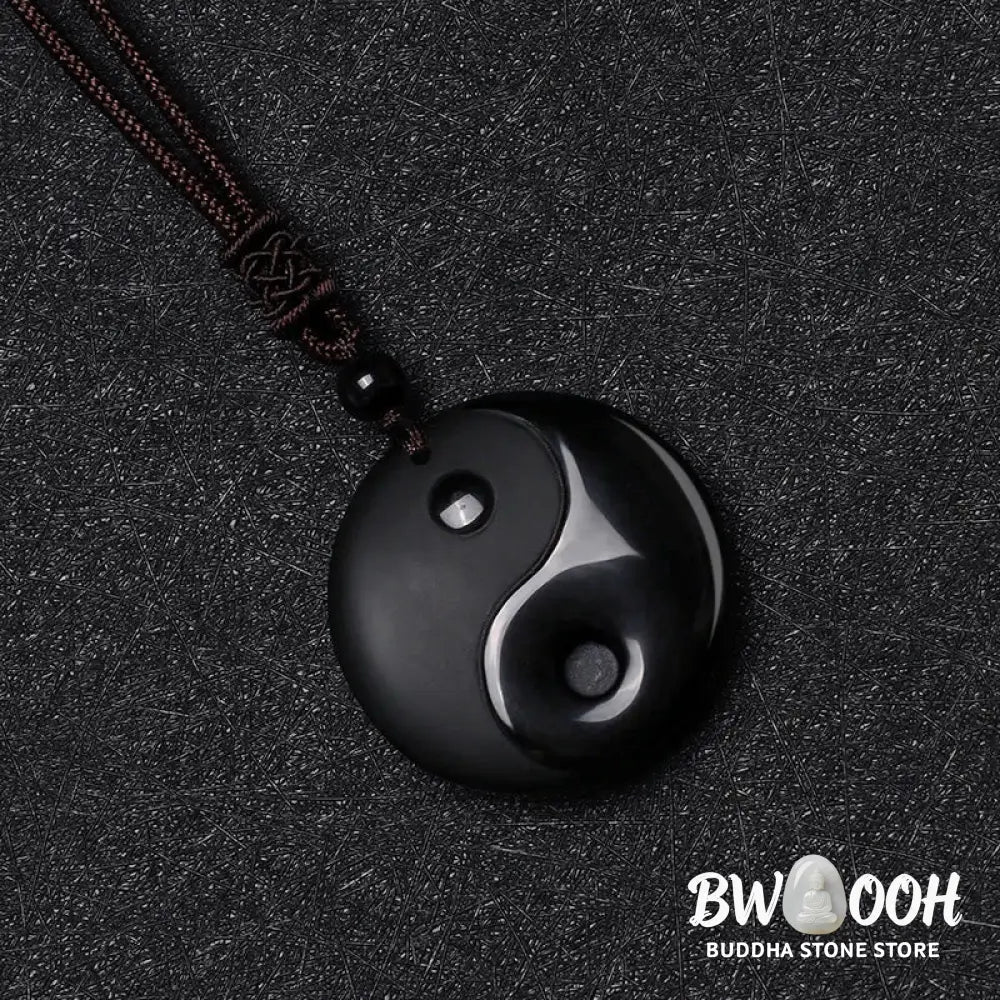 Buddha Stones ’Sending Balance and Protection’ Obsidian Yin Yang Necklace Includes Gift Message Card - BWOOOH