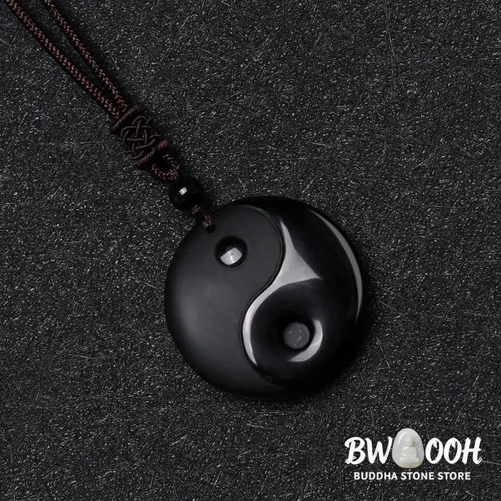 Buddha Stones ’Sending Balance and Protection’ Obsidian Yin Yang Necklace Includes Gift Message Card - BWOOOH