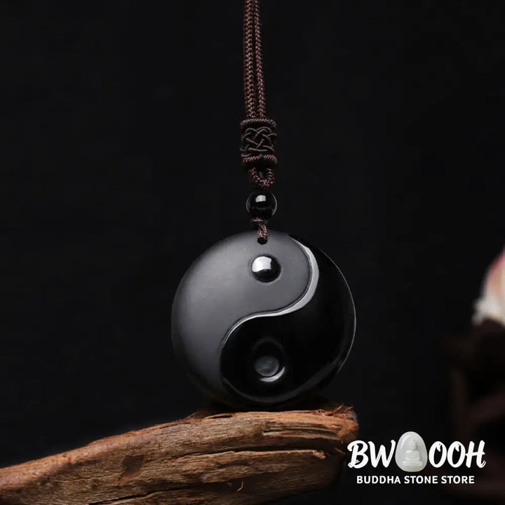 Buddha Stones ’Sending Balance and Protection’ Obsidian Yin Yang Necklace Includes Gift Message Card - BWOOOH