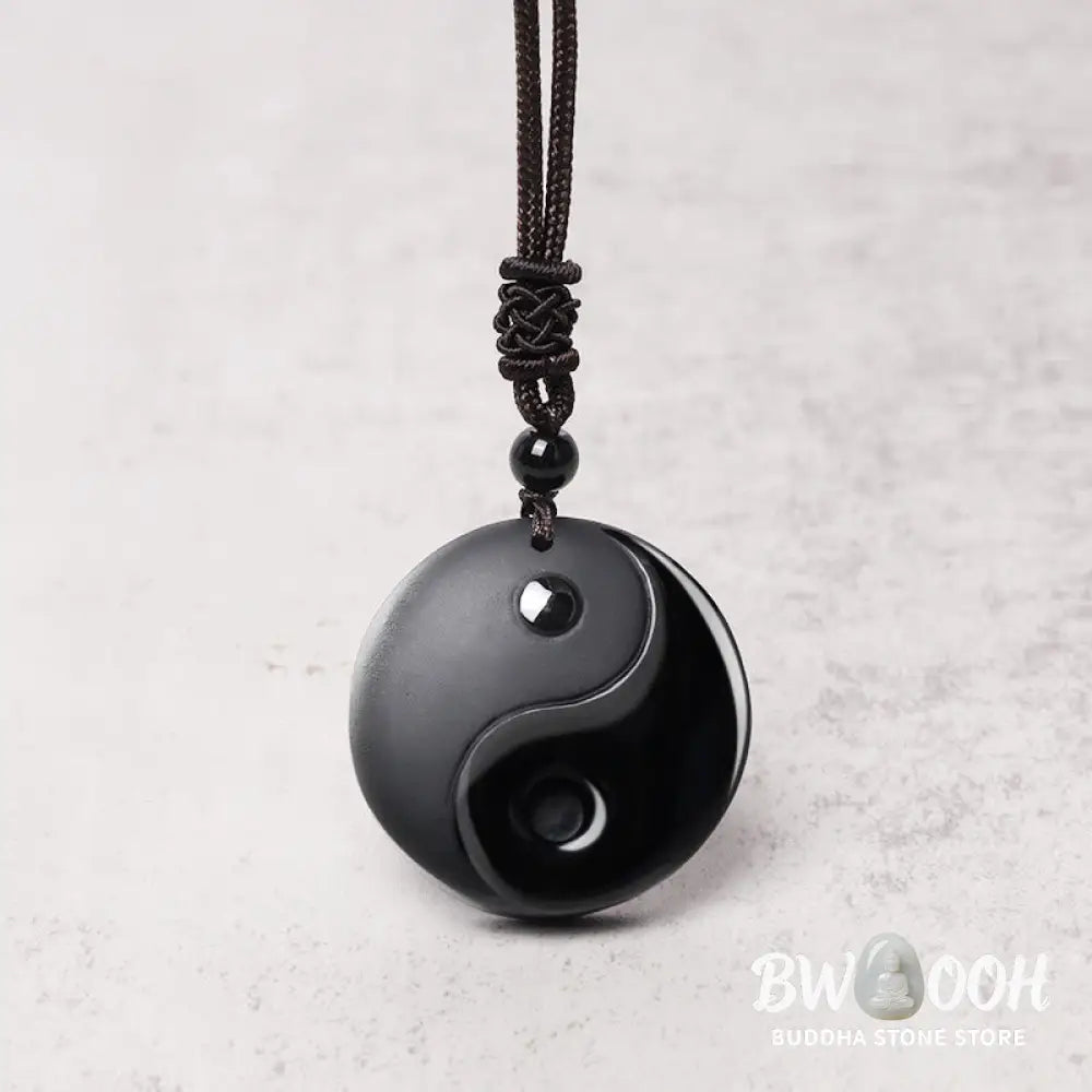 Buddha Stones ’Sending Balance and Protection’ Obsidian Yin Yang Necklace Includes Gift Message Card - BWOOOH