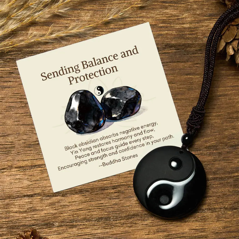 BWOOOH 'Sending Balance and Protection' Black Obsidian Yin Yang Necklace featuring intricately carved Taoist Nine-Character Mantra and The Daoist Diagrams of the True Forms of the Five Sacred Mountains, 70cm length, presented in a deluxe gift box.