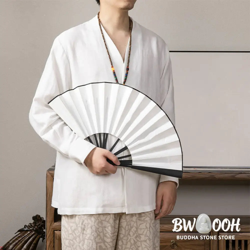Man wearing BWOOOH V-Neck Men's Linen Long Sleeve Zen Shirt for mindful living - View 2