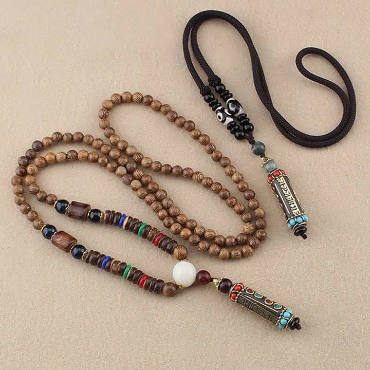 BWOOOH Tibetan Om Mani Padme Hum Dzi Bead Wenge Wood Necklace Pendant