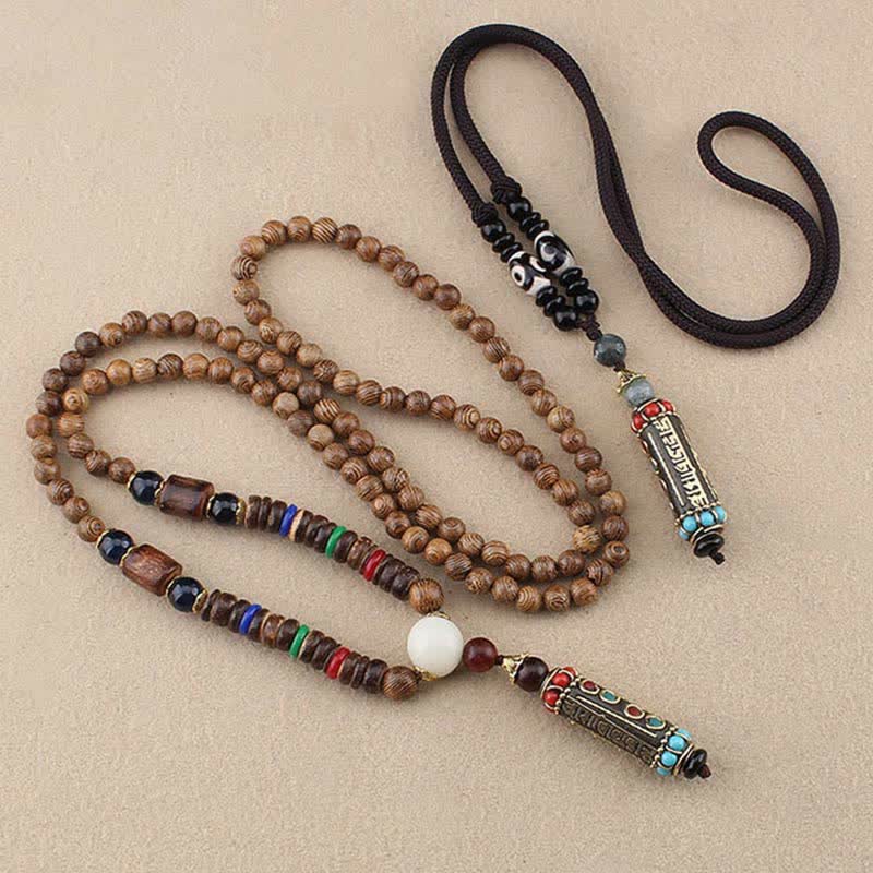 BWOOOH Tibetan Om Mani Padme Hum Dzi Bead Wenge Wood Necklace Pendant