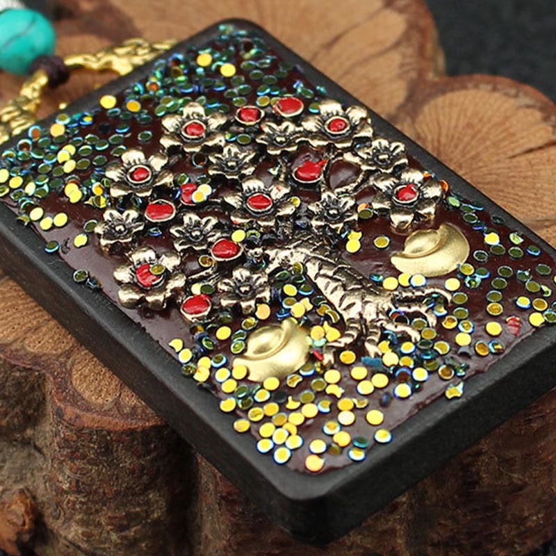 BWOOOH Tibet God Of Wealth Money Tree Golden Phoenix Thangka Ebony Peace Necklace Pendant