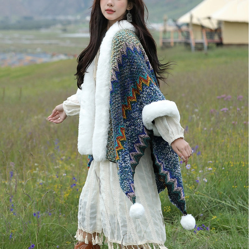 BWOOOH Tibetan Multicolored Wavy Lines Knitted Striped Sh