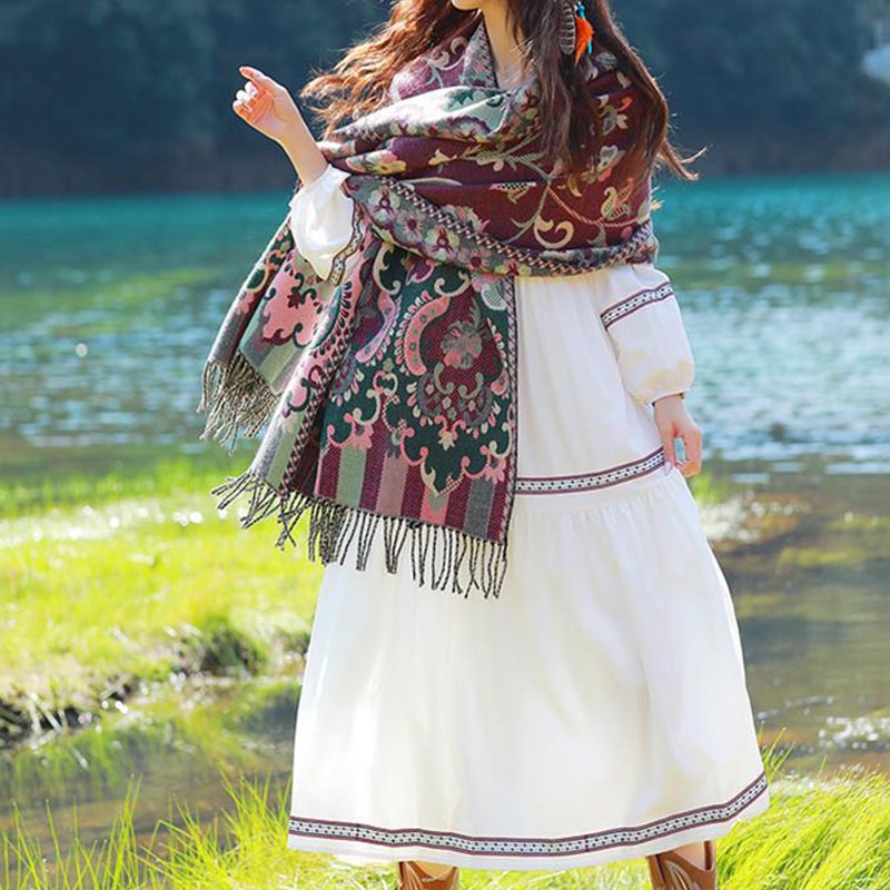 BWOOOH Tibetan Flowers Leaves Branch Design Tassel Shawl 