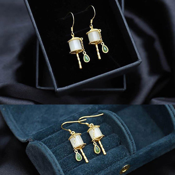 BWOOOH 925 Sterling Silver Jade Prayer Wheel Luck Drop Earrings