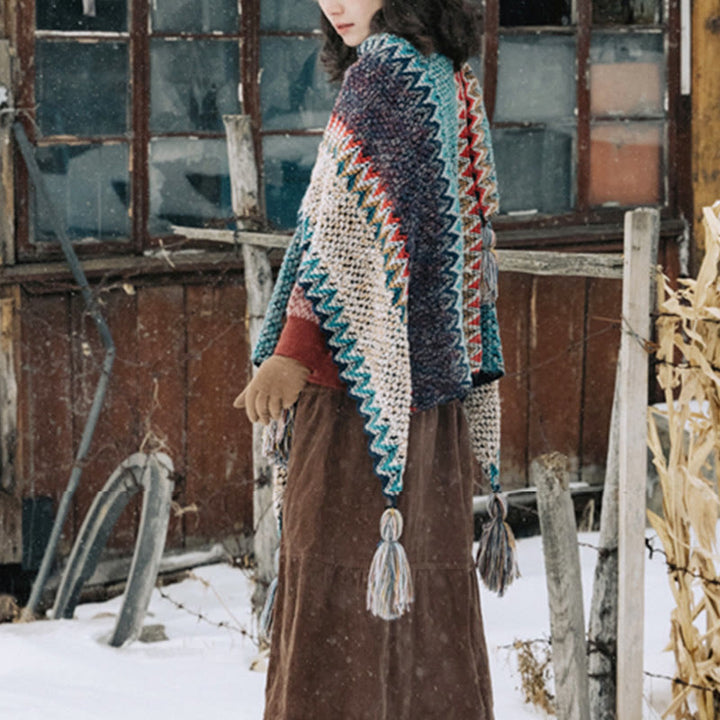 BWOOOH Tibetan Shawl Blue Beige Red Wavy Pattern Winter W