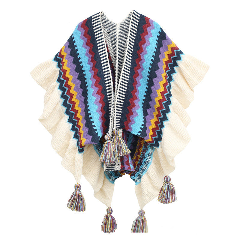 BWOOOH Tibetan Shawl Colorful Striped Wavy Line Tassels W