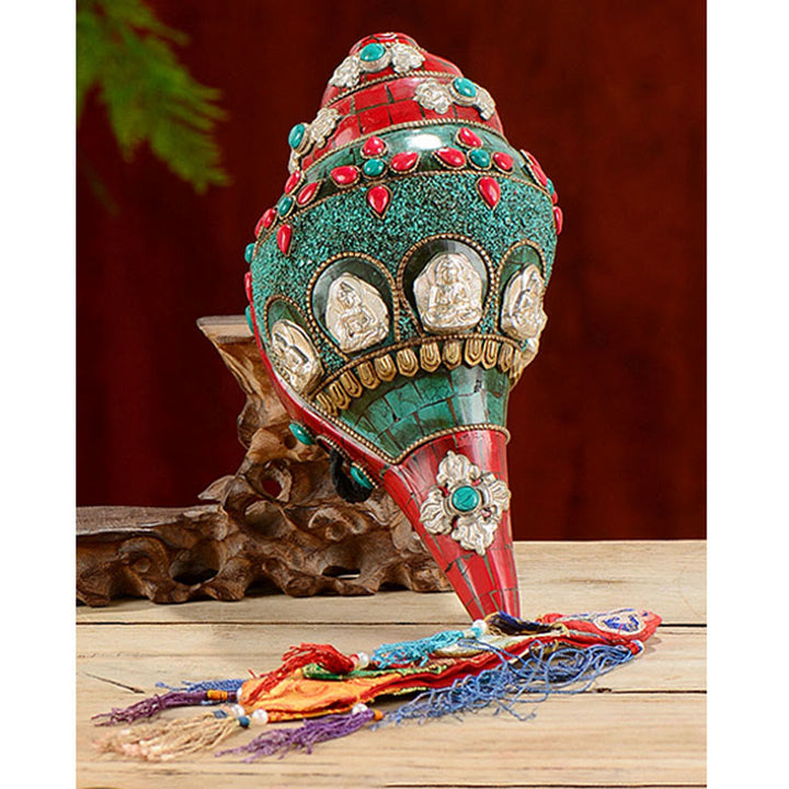 BWOOOH Tibetan Handmade Shankha Om Mani Padme Hum Buddha Avalokitesvara Turquoise Conch | Turquoise