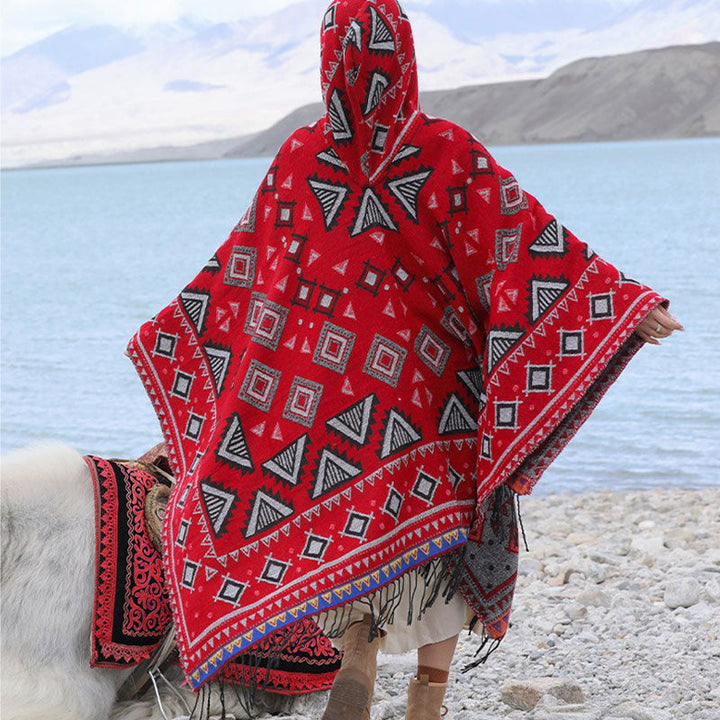BWOOOH Tibetan Shawl Triangle Pattern Hooded Cloak Winter
