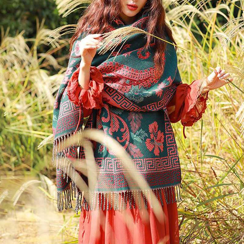 BWOOOH Tibetan Flowers Leaves Pattern Design Shawl Cozy T