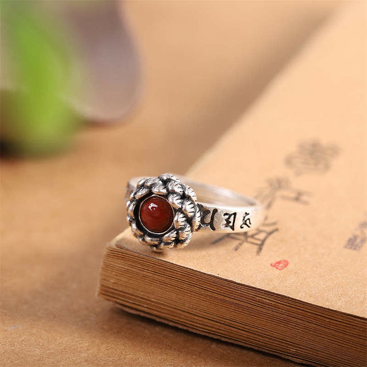 BWOOOH925 Sterling Silver Lotus Red Agate Confidence Blessing Ring