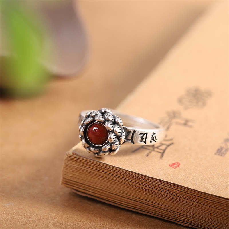 BWOOOH925 Sterling Silver Lotus Red Agate Confidence Blessing Ring