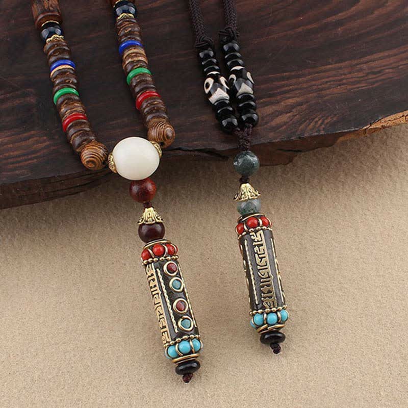 BWOOOH Tibetan Om Mani Padme Hum Dzi Bead Wenge Wood Necklace Pendant