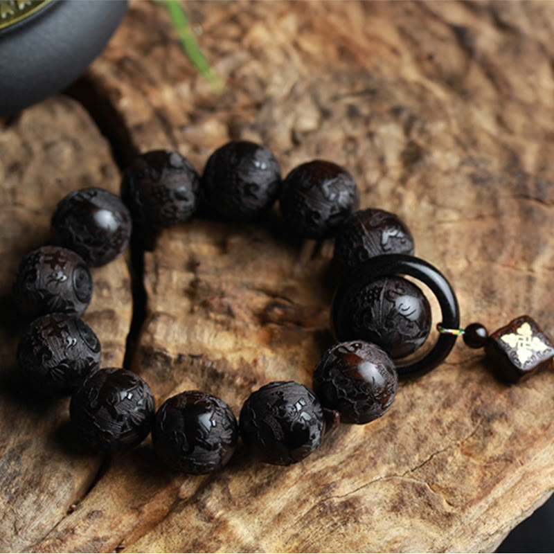 BWOOOH Ebony Wood Chinese Character Yin Yang Engraved Gourd Balance Bracelet