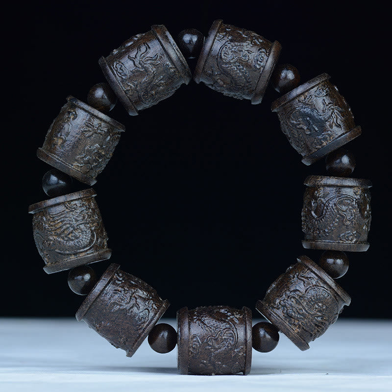 BWOOOH Ebony Wood Eighteen Arhats Lotus Dragon Engraved Balance Bracelet | spiritual healing bracelet
