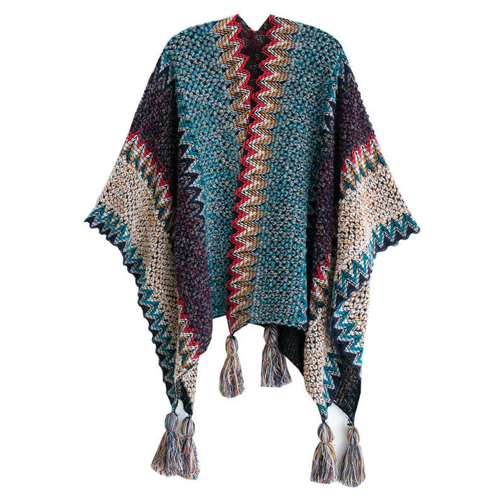 BWOOOH Tibetan Shawl Blue Beige Red Wavy Pattern Winter W