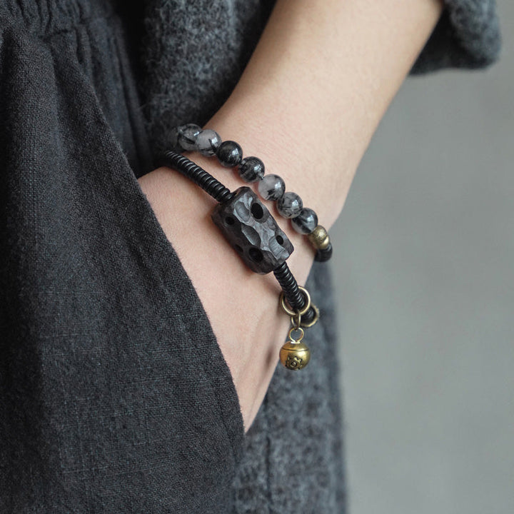 BWOOOH Black Rutilated Quartz Ebony Wood Copper Wisdom Couple Bracelet