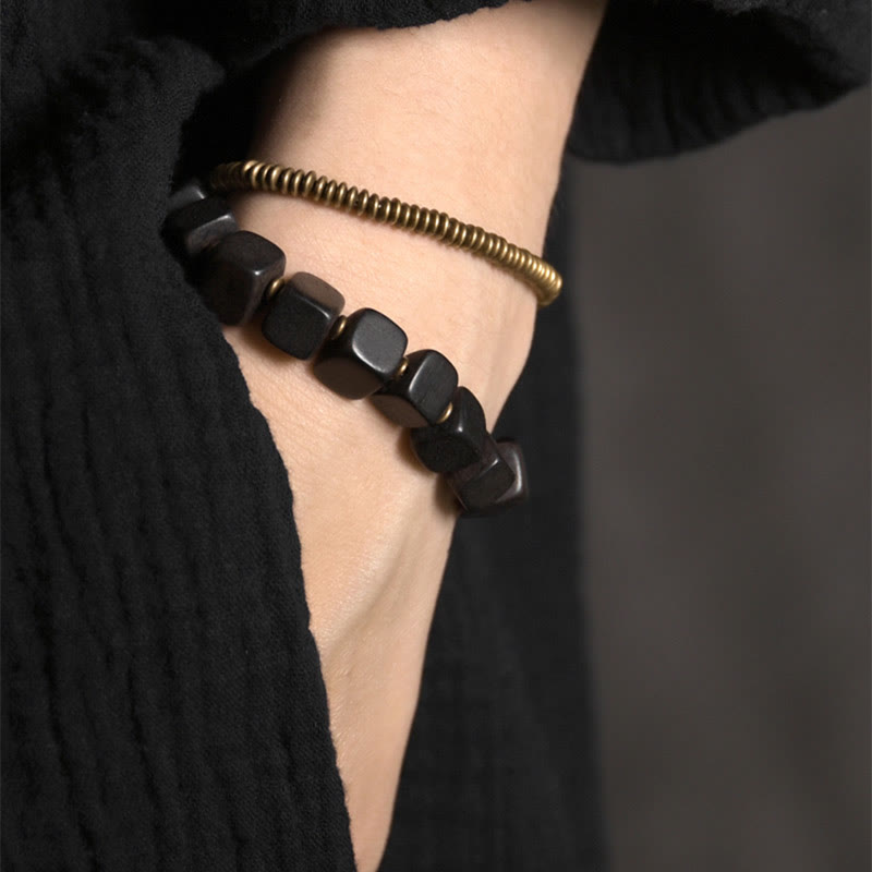 BWOOOH Tibetan Ebony Wood Copper Peace Double Wrap Bracelet