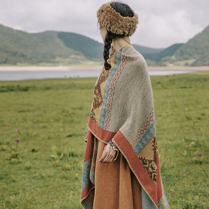 BWOOOH Tibetan Shawl Diamond Pattern Winter Warm Cloak Sc