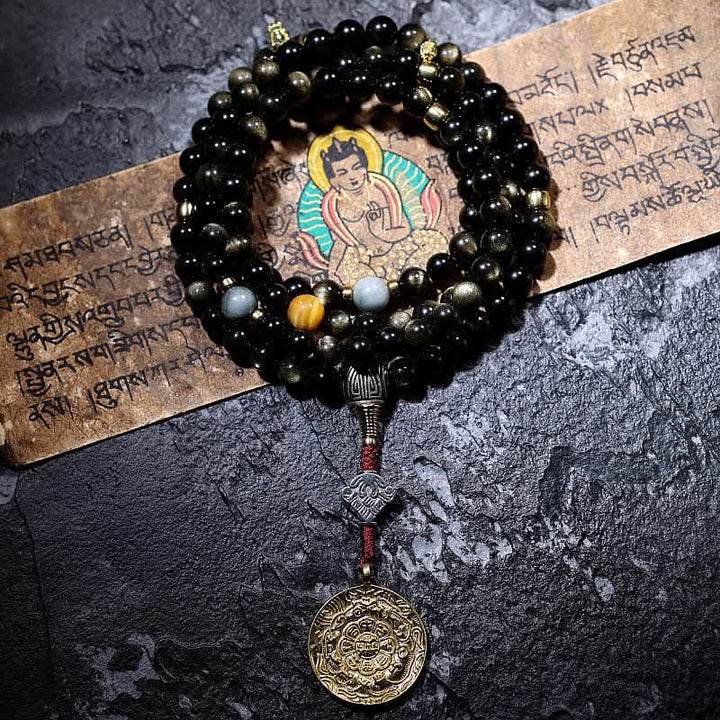 BWOOOH 108 Mala Beads Gold Sheen Obsidian Tiger Eye Eagle&