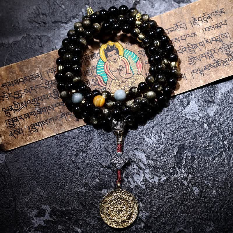 BWOOOH 108 Mala Beads Gold Sheen Obsidian Tiger Eye Eagle&