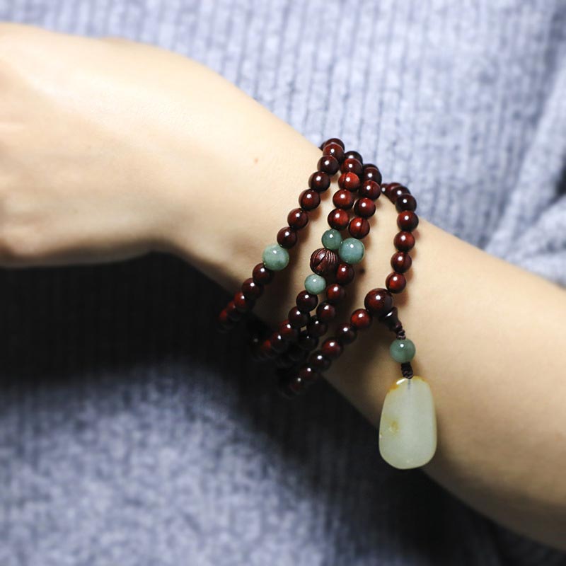 BWOOOH Tibetan Small Leaf Red Sandalwood Jade Mala Meditation Bracelet