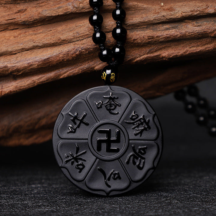BWOOOH Natural Black Obsidian Tibetan Om Mani Padme Hum Buddha Swastika Luck Necklace Pendant