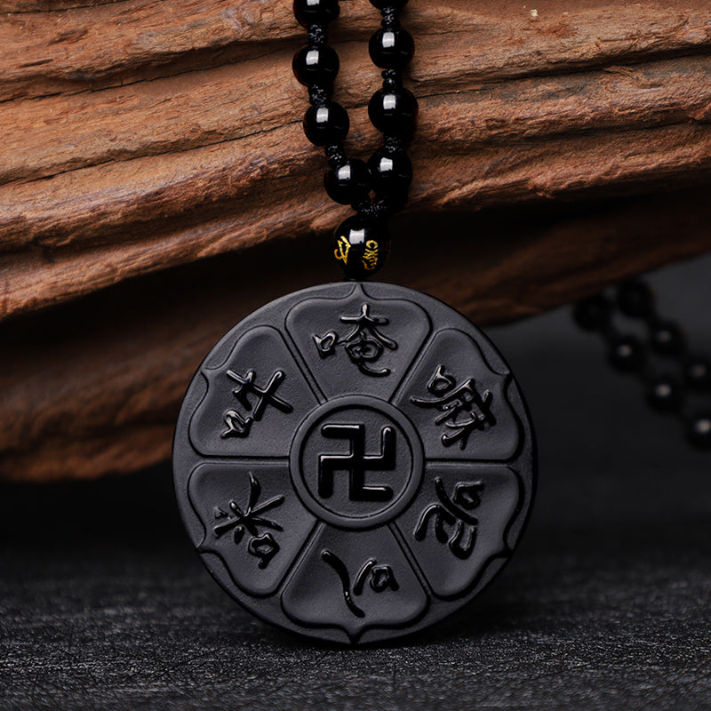 BWOOOH Natural Black Obsidian Tibetan Om Mani Padme Hum Buddha Swastika Luck Necklace Pendant