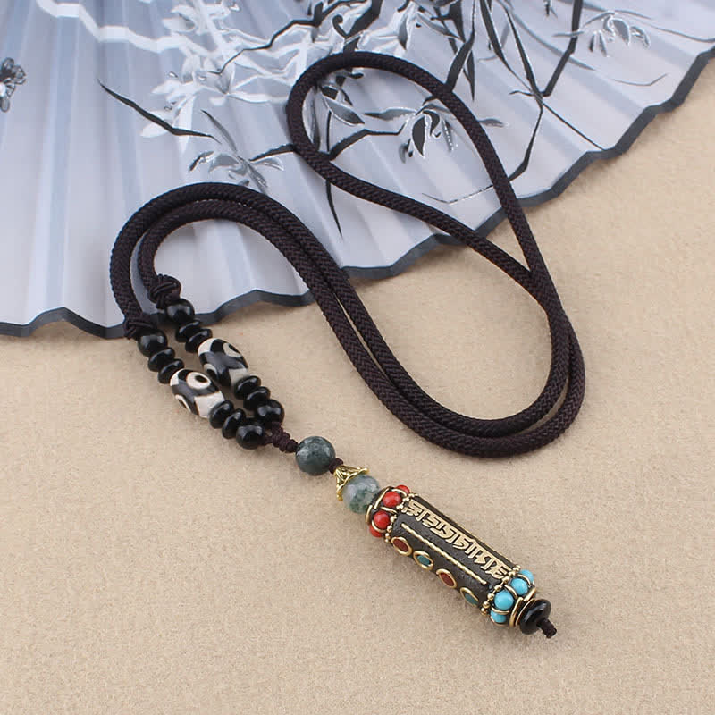 BWOOOH Tibetan Om Mani Padme Hum Dzi Bead Wenge Wood Necklace Pendant