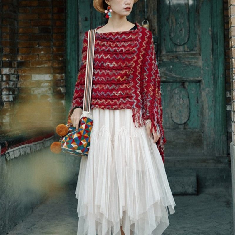BWOOOH Tibetan Colorful Striped Shawl Tassels Pullover Wi