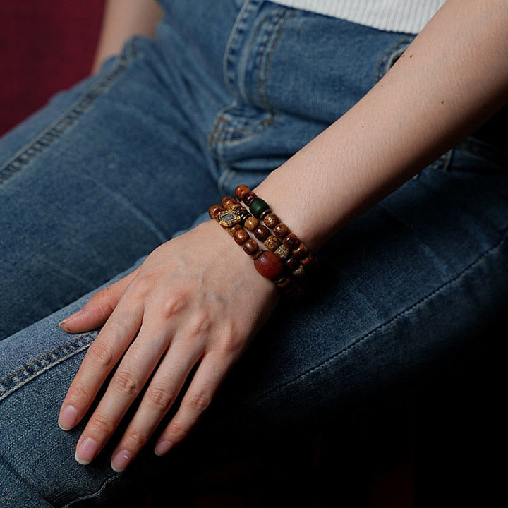 BWOOOH Tibetan Bodhi Seed Amber Dzi Bead Agate Zakiram Goddess of Wealth Beads Triple Wrap Bracelet