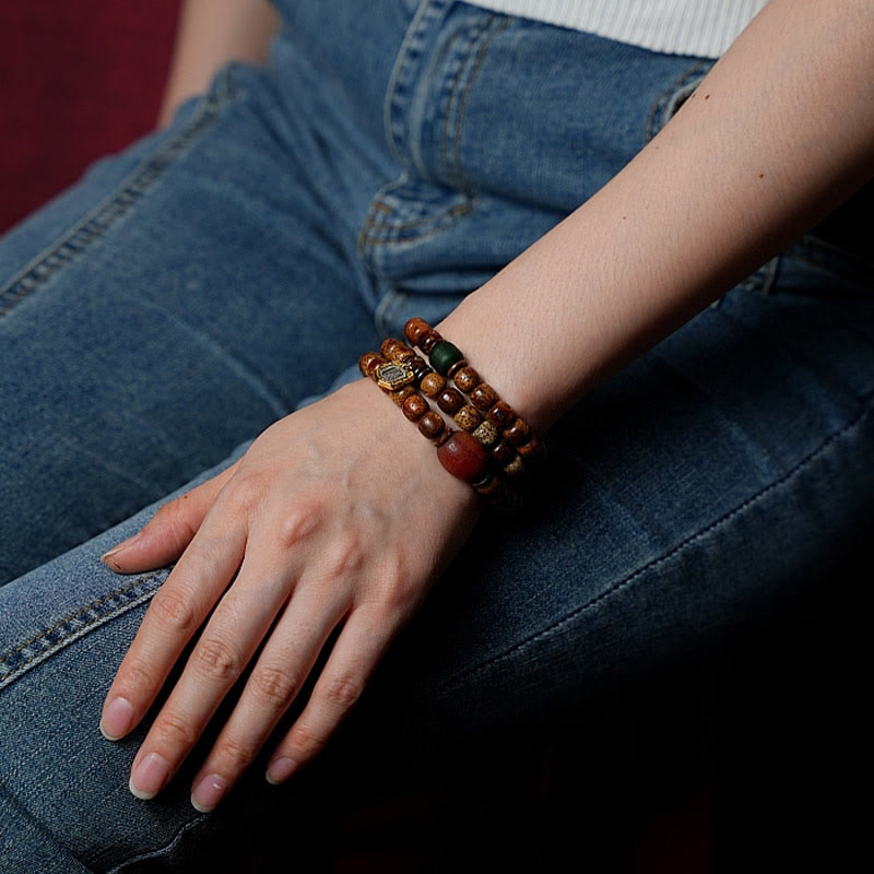 BWOOOH Tibetan Bodhi Seed Amber Dzi Bead Agate Zakiram Goddess of Wealth Beads Triple Wrap Bracelet