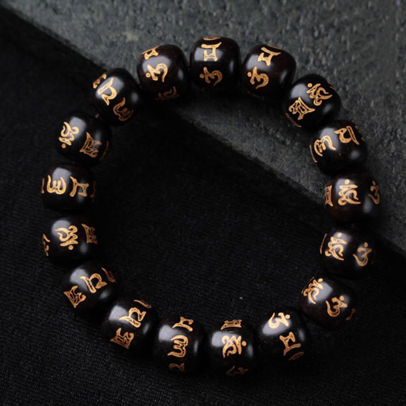 BWOOOH Tibetan Ebony Wood Om Mani Padme Hum Engraved Peace Bracelet