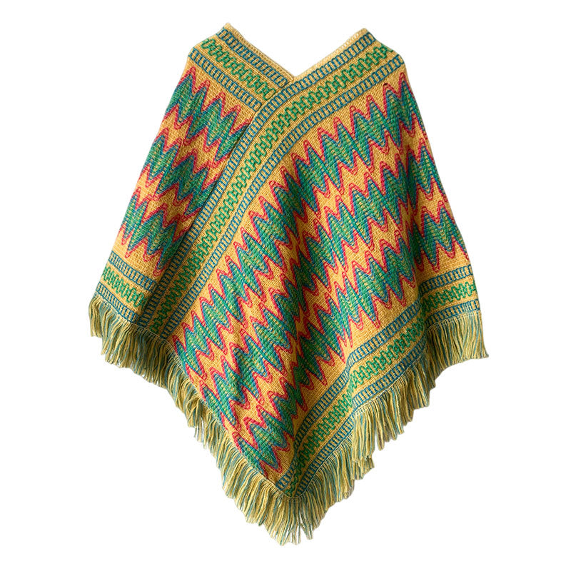 BWOOOH Tibetan Shawl Striped Knitted Tassels Pullover Win