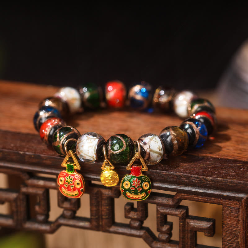 BWOOOH Five Elements Gold Swallowing Beast Family Charm Liuli Glass Bead Luck Bracelet
