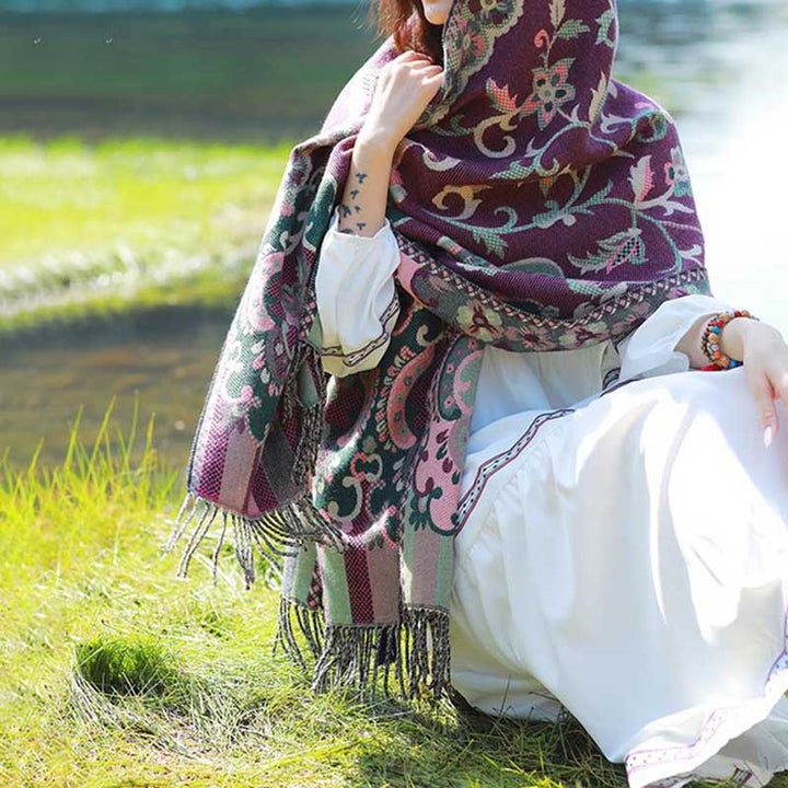 BWOOOH Tibetan Flowers Leaves Branch Design Tassel Shawl 