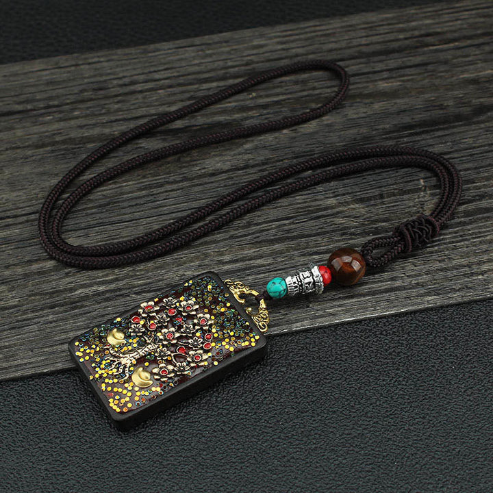 BWOOOH Tibet God Of Wealth Money Tree Golden Phoenix Thangka Ebony Peace Necklace Pendant