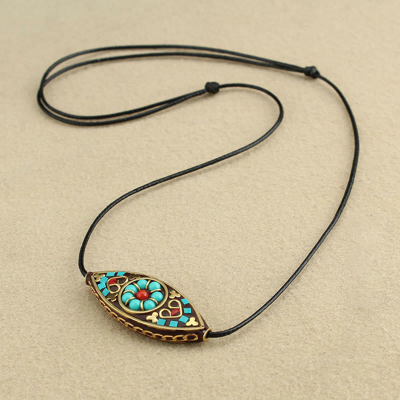 BWOOOH Tibet turquoise bead marquise pattern protection strength necklace pendant 65cm Tibetan spiritual jewelry