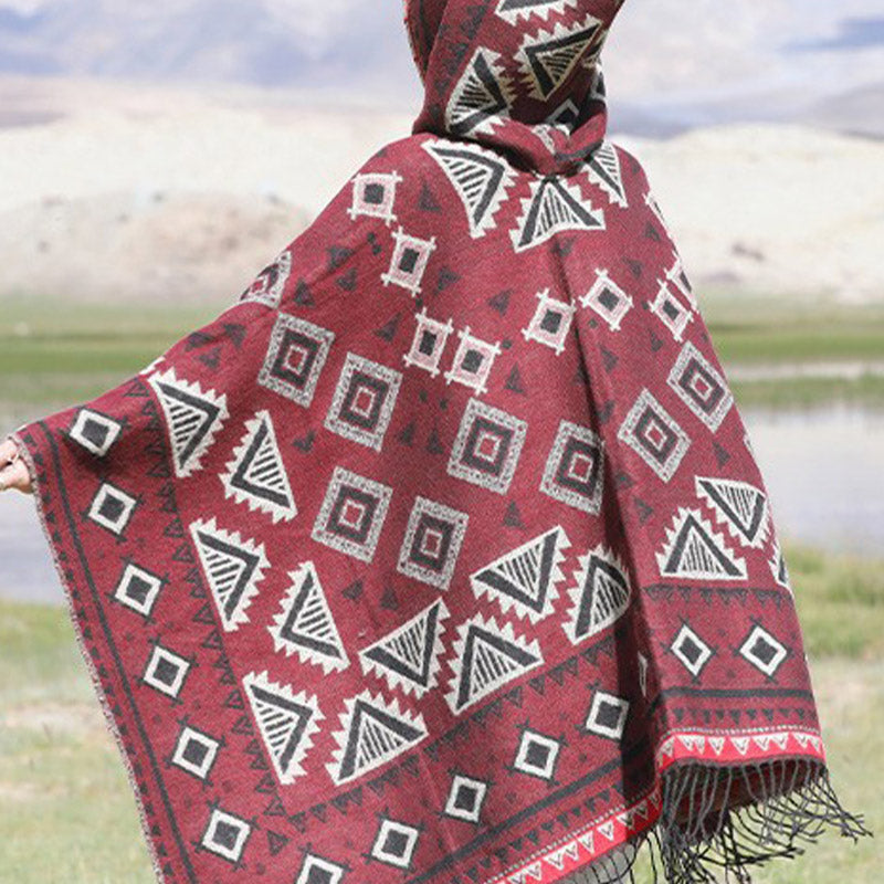 BWOOOH Tibetan Shawl Triangle Pattern Hooded Cloak Winter